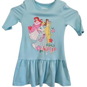 Disney Princess Santa Squad Light Blue Long Sleeve Ruffle Dress Girls XS 4-5